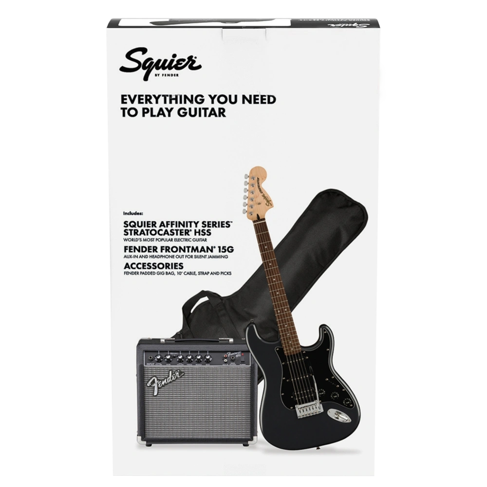 Squier Affinity Strat HSS Frontman 15G Amp Charcoal Frost Metallic Elektro Gitar Seti
